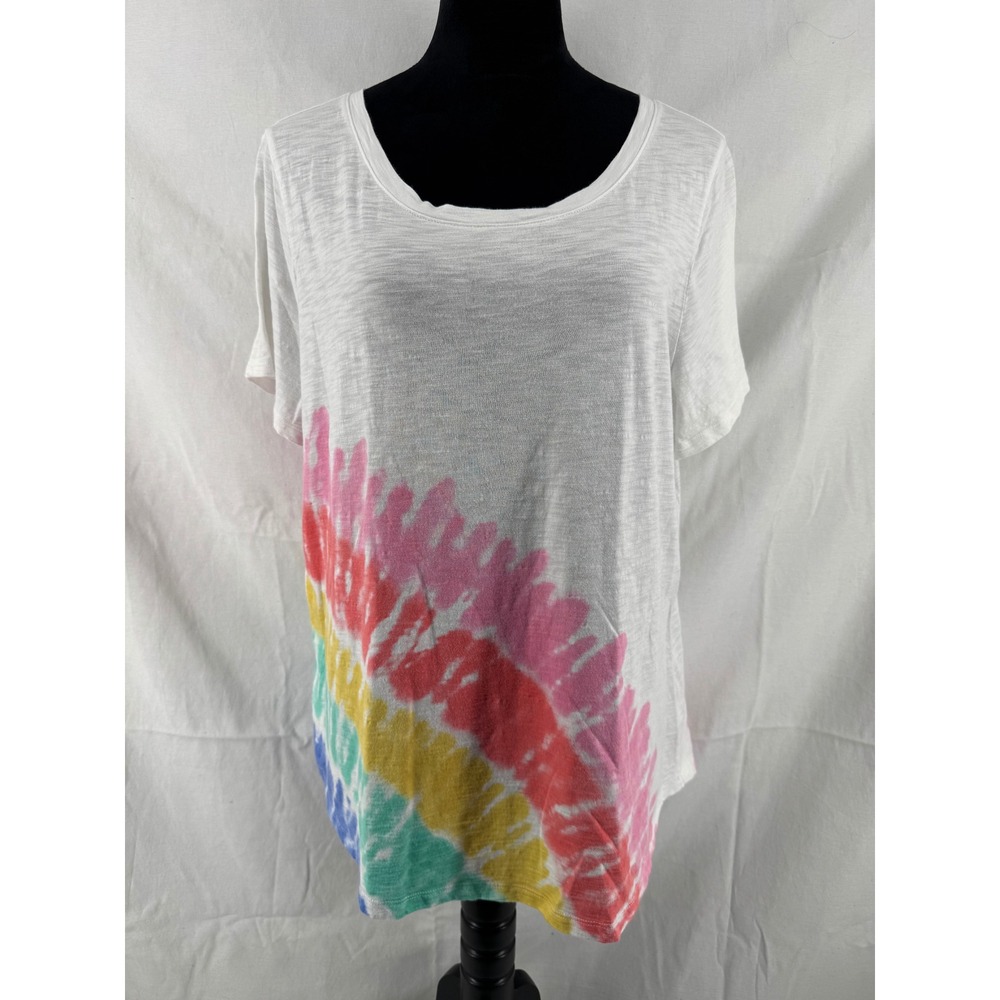 Talbots Plus Womens 1X White Rainbow Tie Dye Slub Knit Short Sleeve Button Back